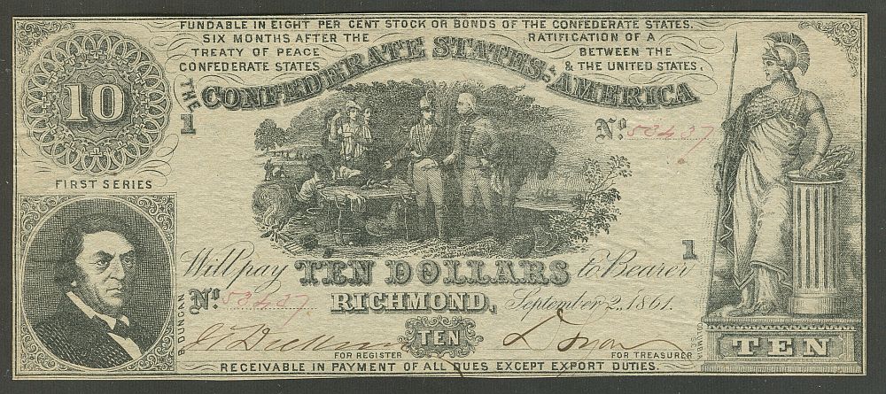 T-30, PF-1, CR-238, First Series 1861 $10 Confederate States of America Note, 53437, ChCU